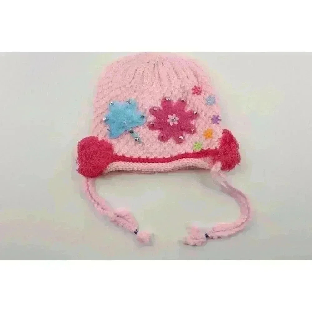 HAND knitted girl hat with knitted applique with beads for 4-6 year old. NEW. - Picture 2 of 8